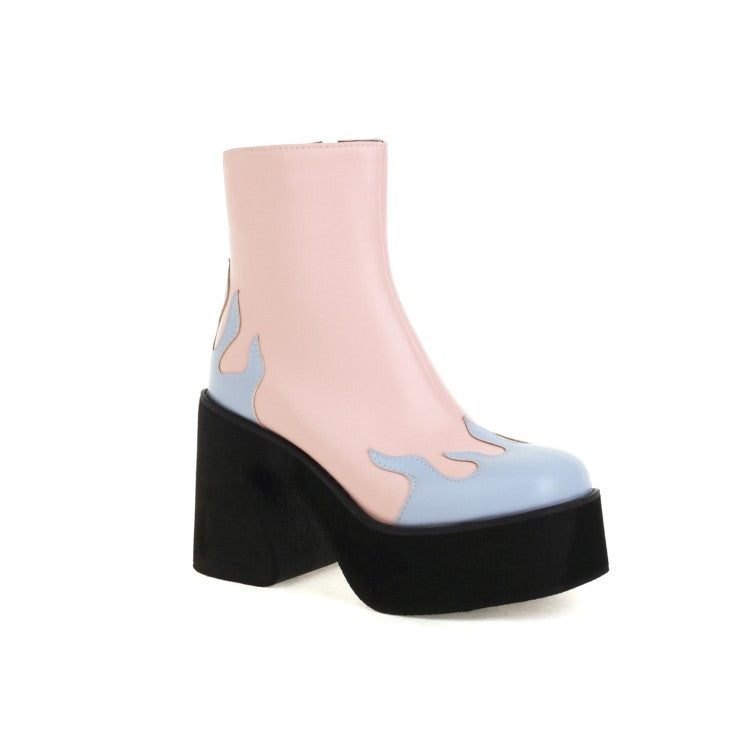 Women Bicolor Pu Leather Round Toe Side Zippers Block Chunky Heel Platform Mid Calf Boots