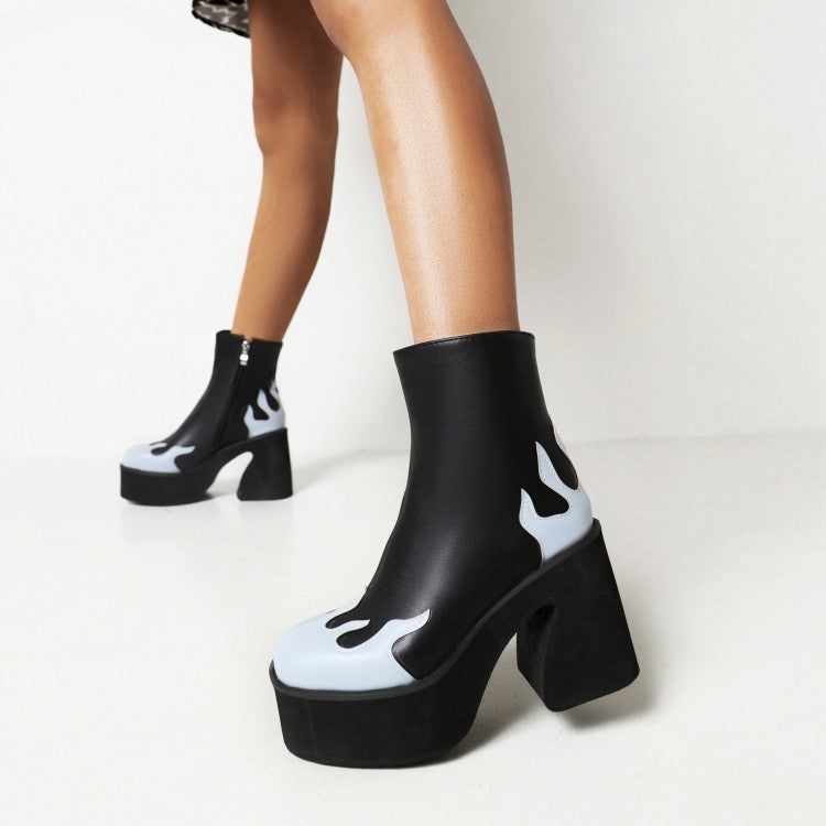 Women Bicolor Pu Leather Round Toe Side Zippers Block Chunky Heel Platform Mid Calf Boots