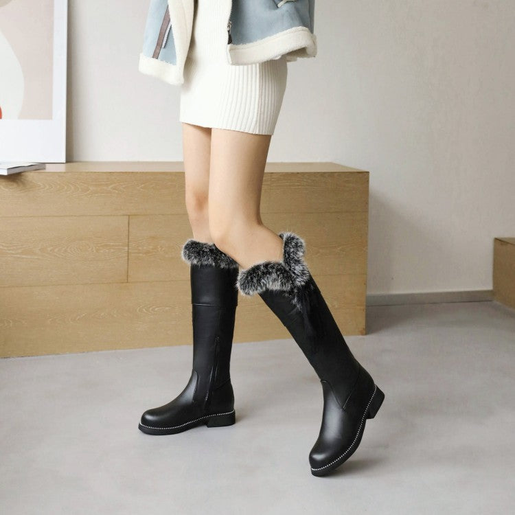 Women Side Zippers Fur Lace Block Chunky Heel Platform Knee-High Boots