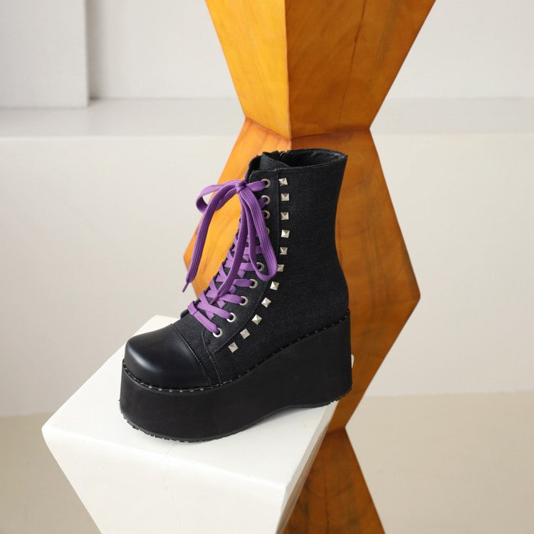 Women Square Toe Bicolor Lace Up Wedge Heel Platform Short Boots