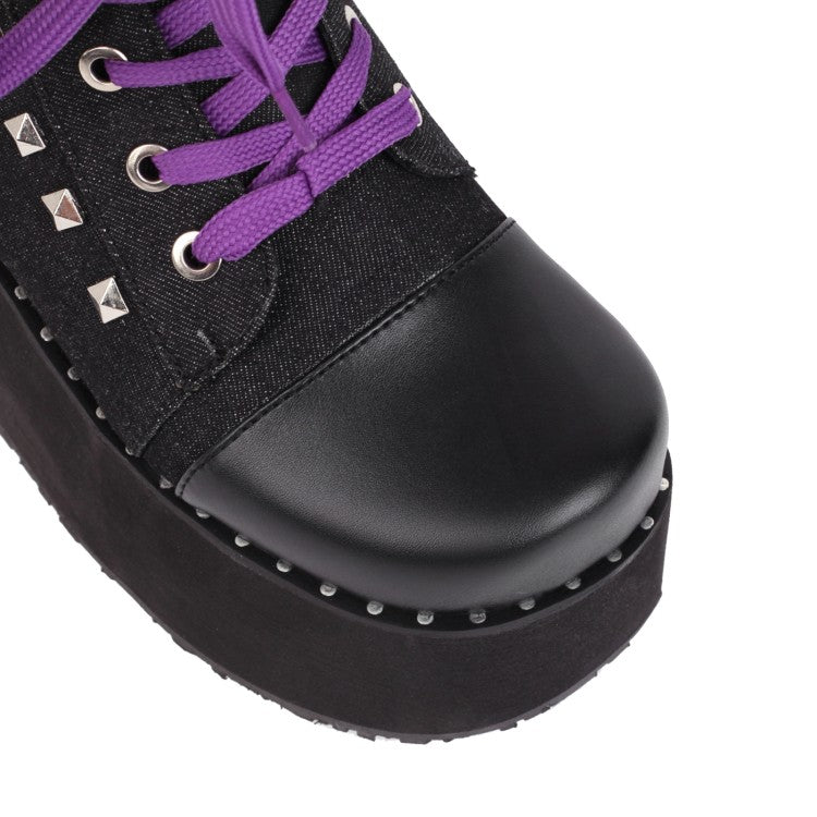 Women Square Toe Bicolor Lace Up Wedge Heel Platform Short Boots