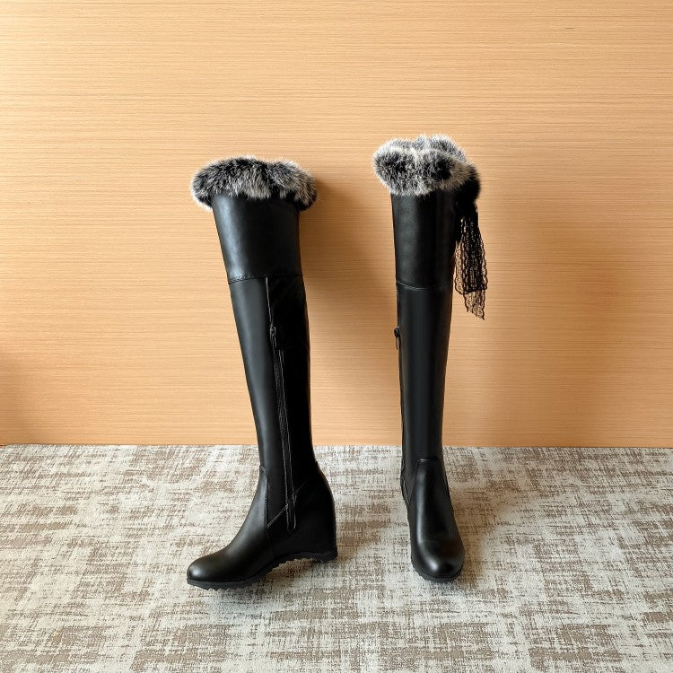 Women Lace Fur Inside Heighten Wedge Heel Over-The-Knee Boots