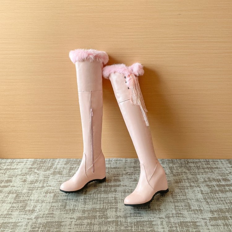 Women Lace Fur Inside Heighten Wedge Heel Over-The-Knee Boots