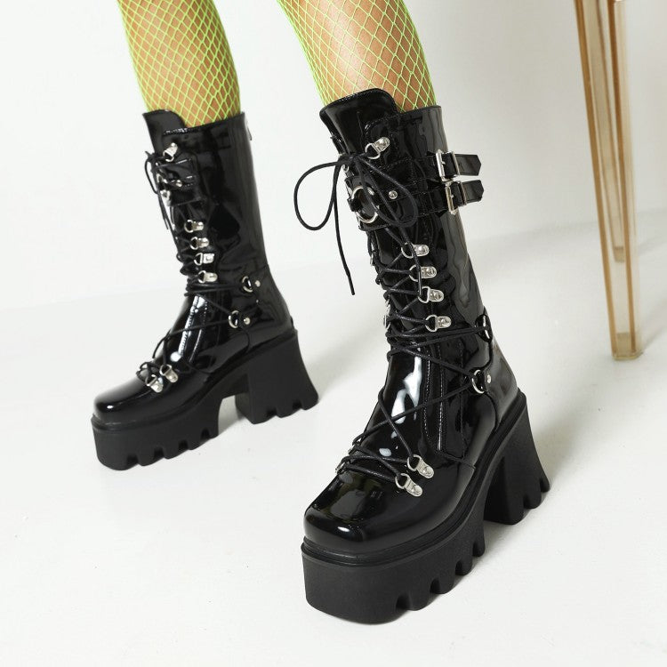 Women Glossy Metal Buckle Straps Lace Up Block Chunky Heel Platform Mid-calf Boots
