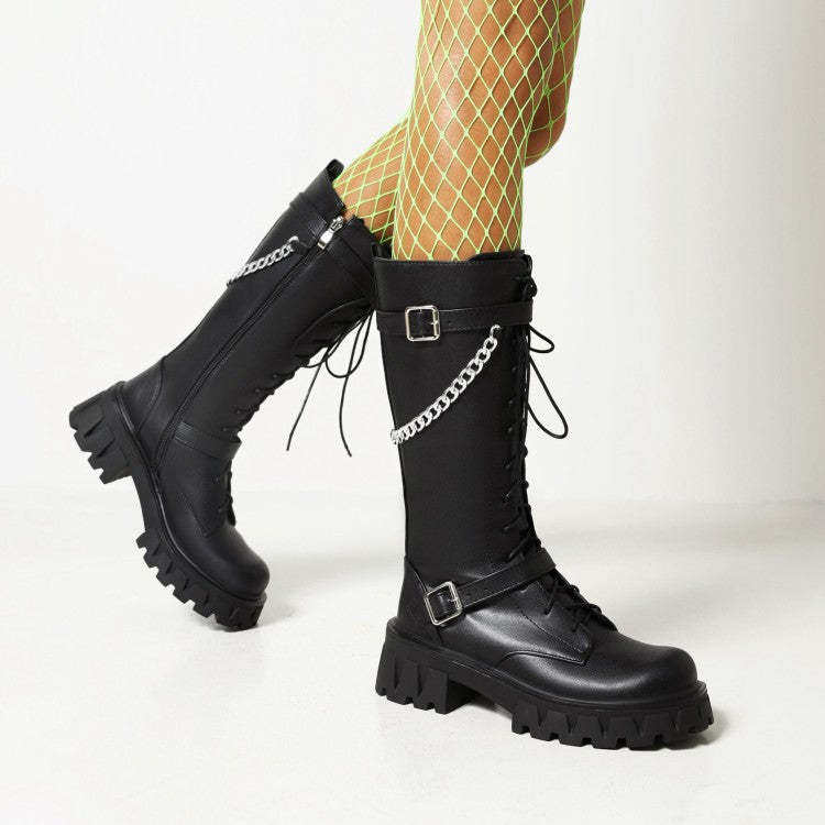 Women Glossy Round Toe Metal Chains Lace Up Side Zippers Block Chunky Heel Platform Mid Calf Boots