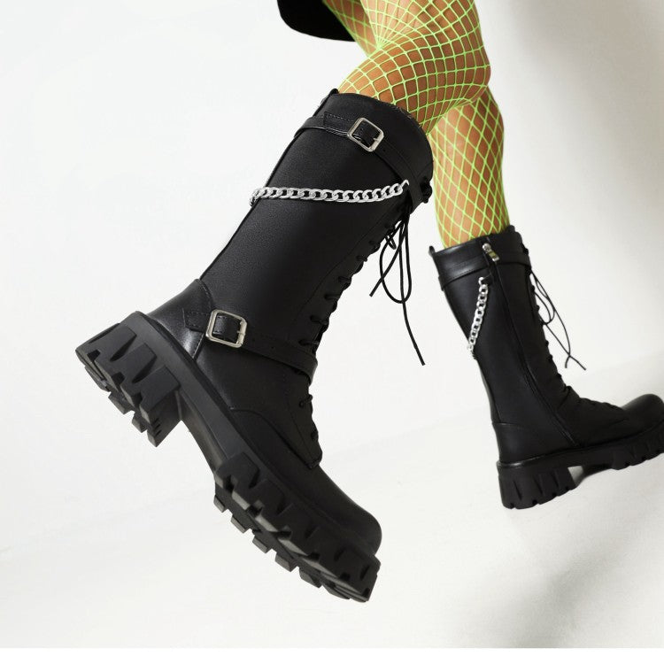 Women Glossy Round Toe Metal Chains Lace Up Side Zippers Block Chunky Heel Platform Mid Calf Boots