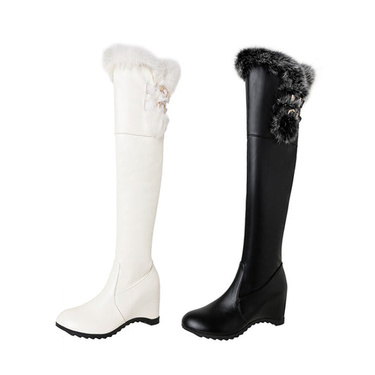 Women Pu Leather Round Toe Fur Inside Heighten Wedge Heel Over-The-Knee Boots