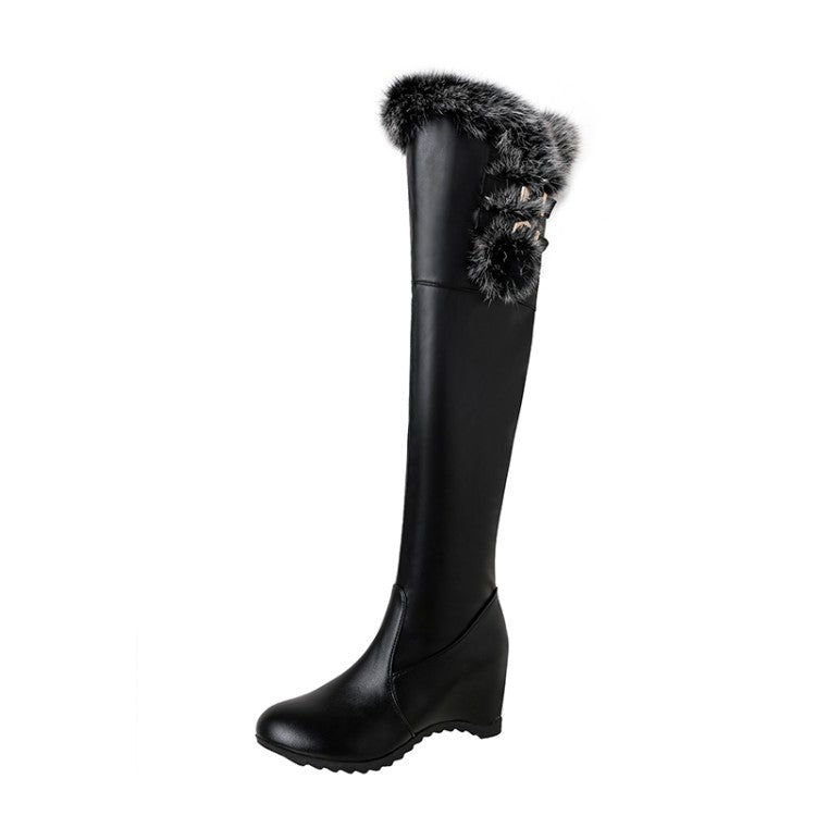 Women Pu Leather Round Toe Fur Inside Heighten Wedge Heel Over-The-Knee Boots