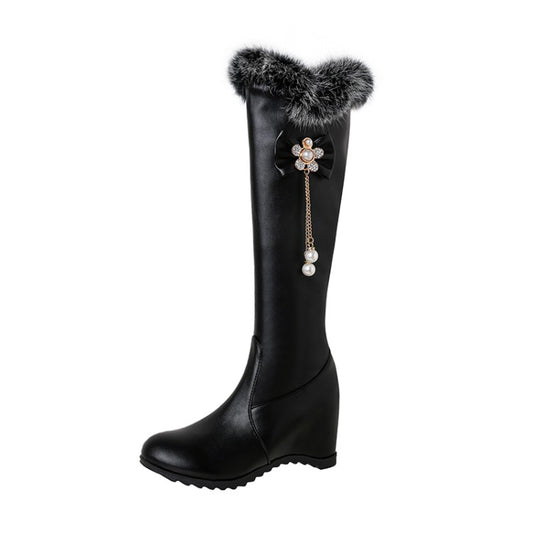 Women Fur Pearls Bow Tie Inside Heighten Wedge Heel Knee-High Boots