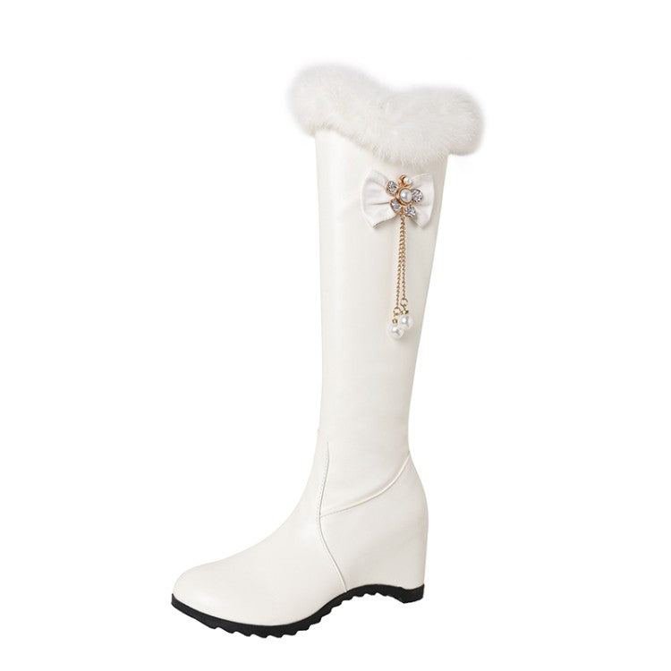 Women Fur Pearls Bow Tie Inside Heighten Wedge Heel Knee-High Boots