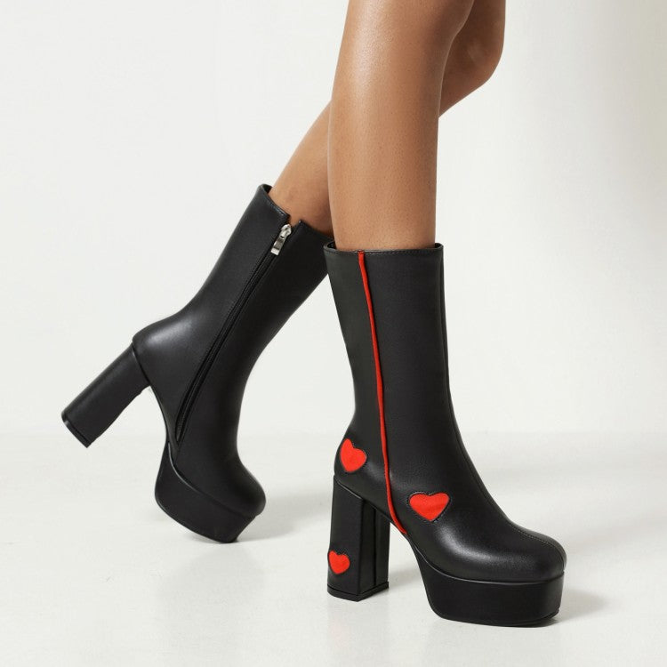 Women Glossy Round Toe Love Hearts Side Zippers Block Chunky Heel Platform Mid Calf Boots