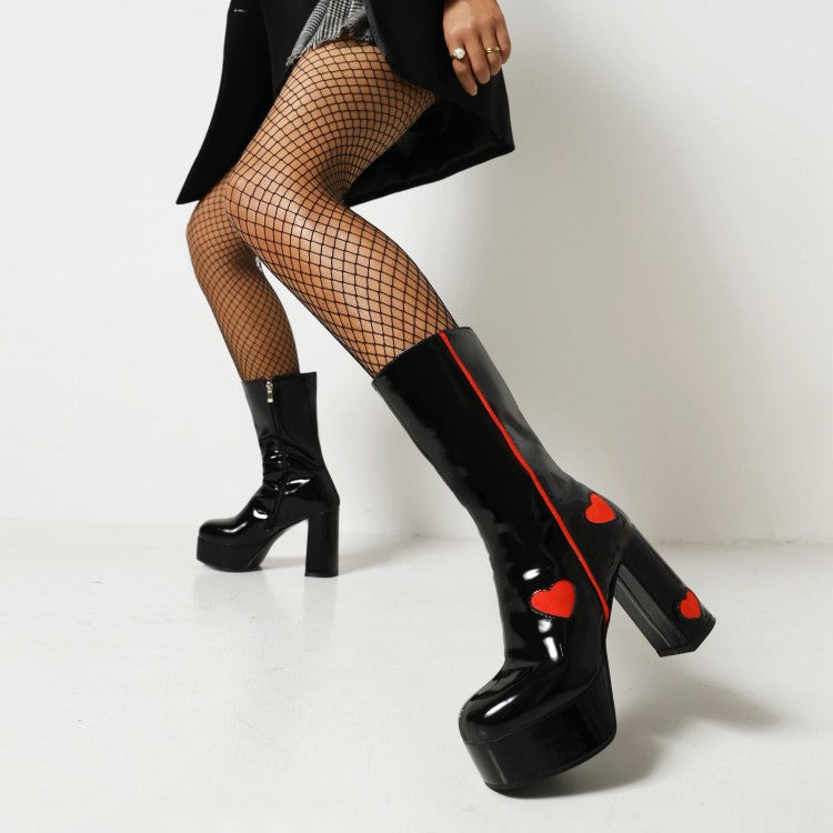 Women Glossy Round Toe Love Hearts Side Zippers Block Chunky Heel Platform Mid Calf Boots