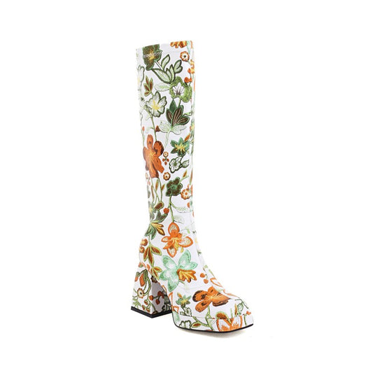 Women Pu Leather Square Toe Flora Printed Block Chunky Heel Platform Knee High Boots