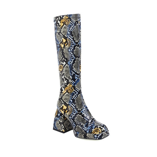 Women Snake-printed Pu Leather Square Toe Block Chunky Heel Platform Knee High Boots