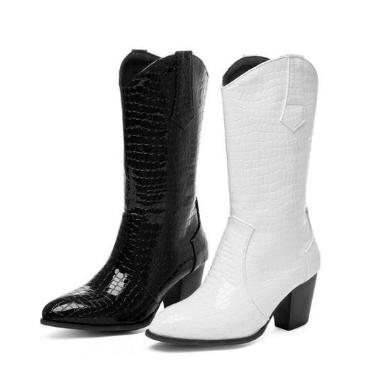 Women Glossy Crocodile Pattern Pointed Toe Puppy Heel Mid Calf Boots