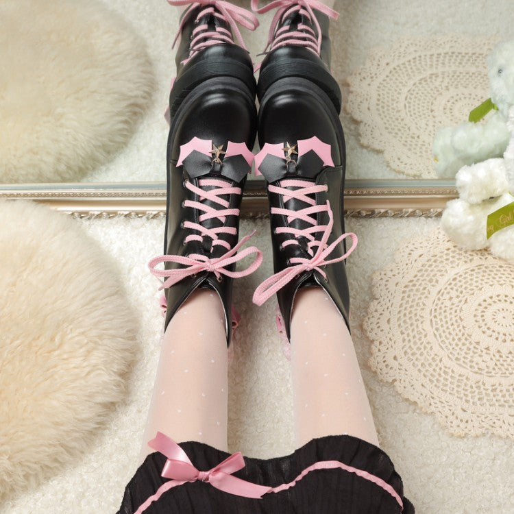 Women Lace Up Bow Tie Flat Platform Ankle Boots