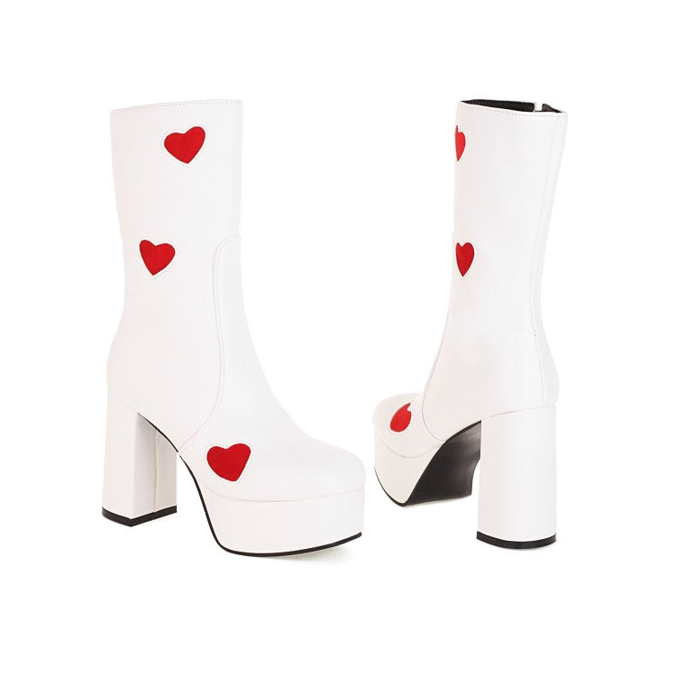 Women Bicolor Love Hearts Pu Leather Round Toe Side Zippers Block Chunky Heel Platform Mid Calf Boots