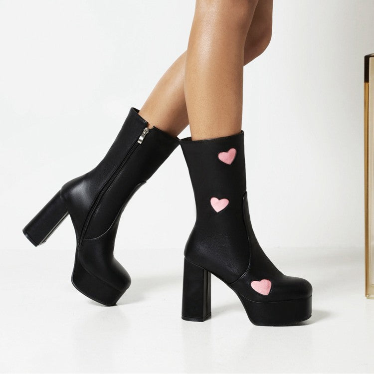 Women Bicolor Love Hearts Pu Leather Round Toe Side Zippers Block Chunky Heel Platform Mid Calf Boots