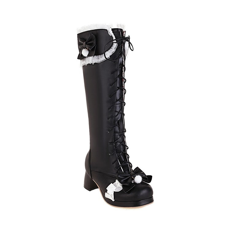 Women Lace Bow Tie Block Chunky Heel Knee-High Boots