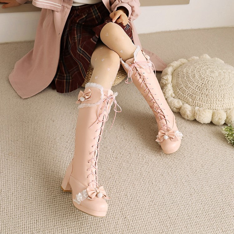 Women Lace Bow Tie Block Chunky Heel Knee-High Boots