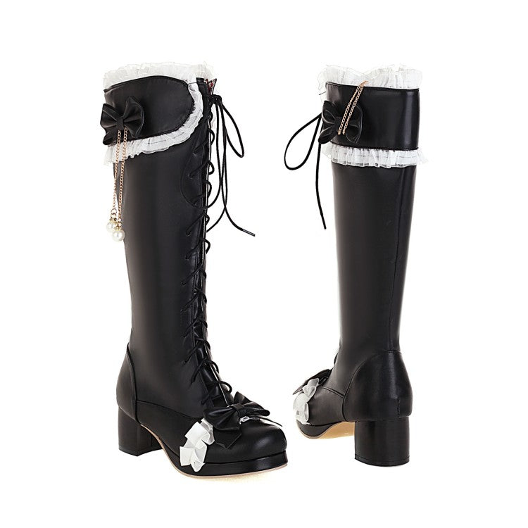 Women Lace Bow Tie Pearls Tied Straps Block Chunky Heel Knee-High Boots