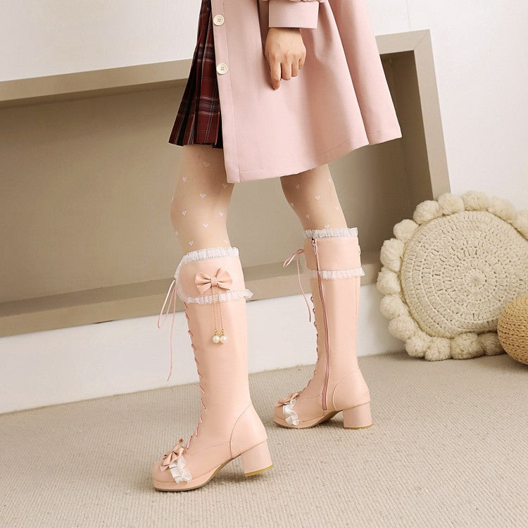 Women Lace Bow Tie Pearls Tied Straps Block Chunky Heel Knee-High Boots