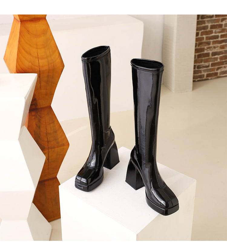 Women Glossy Square Toe Chunky Heel Platform Knee-High Boots