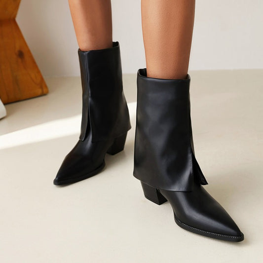 Women Pu Leather Pointed Toe Block Heel Short Boots