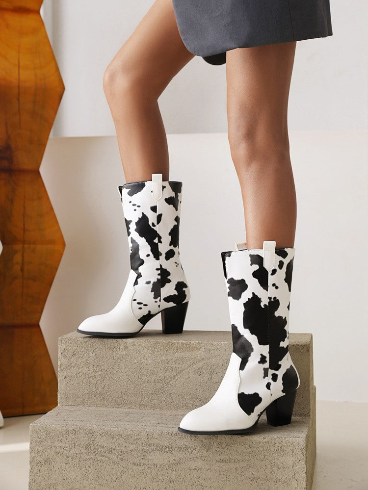 Women Pu Leather Pointed Toe Cow Block Chunky Heel Mid Calf Boots