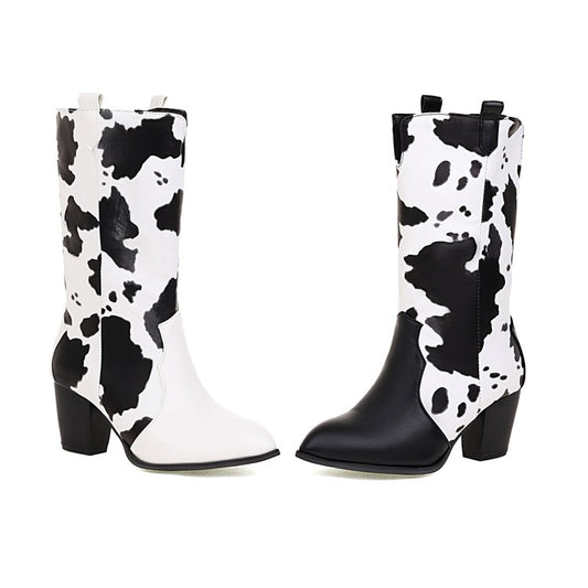 Women Pu Leather Pointed Toe Cow Block Chunky Heel Mid Calf Boots