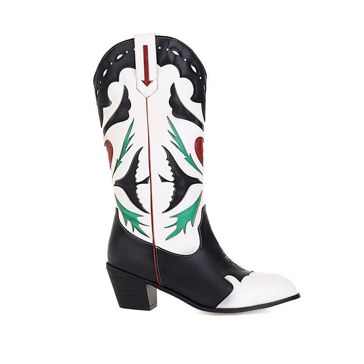 Women Patchwork Pointed Toe Block Heel Cowboy Mid Calf Boots