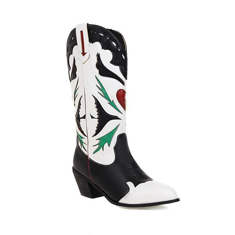 Women Patchwork Pointed Toe Block Heel Cowboy Mid Calf Boots