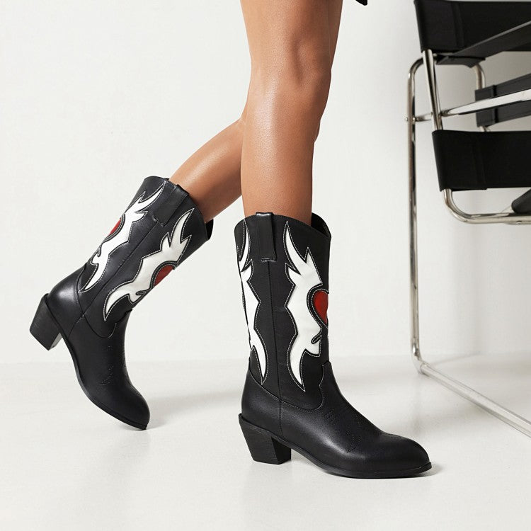 Women Ethnic Printed Pointed Toe Block Heel Mid Calf Boots