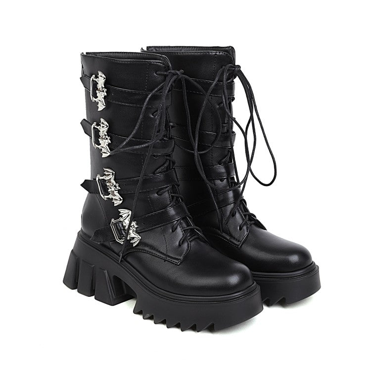 Women Pu Leather Round Toe Metal Buckle Straps Lace Up Block Chunky Heel Platform Mid-calf Boots
