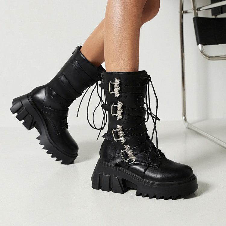 Women Pu Leather Round Toe Metal Buckle Straps Lace Up Block Chunky Heel Platform Mid-calf Boots