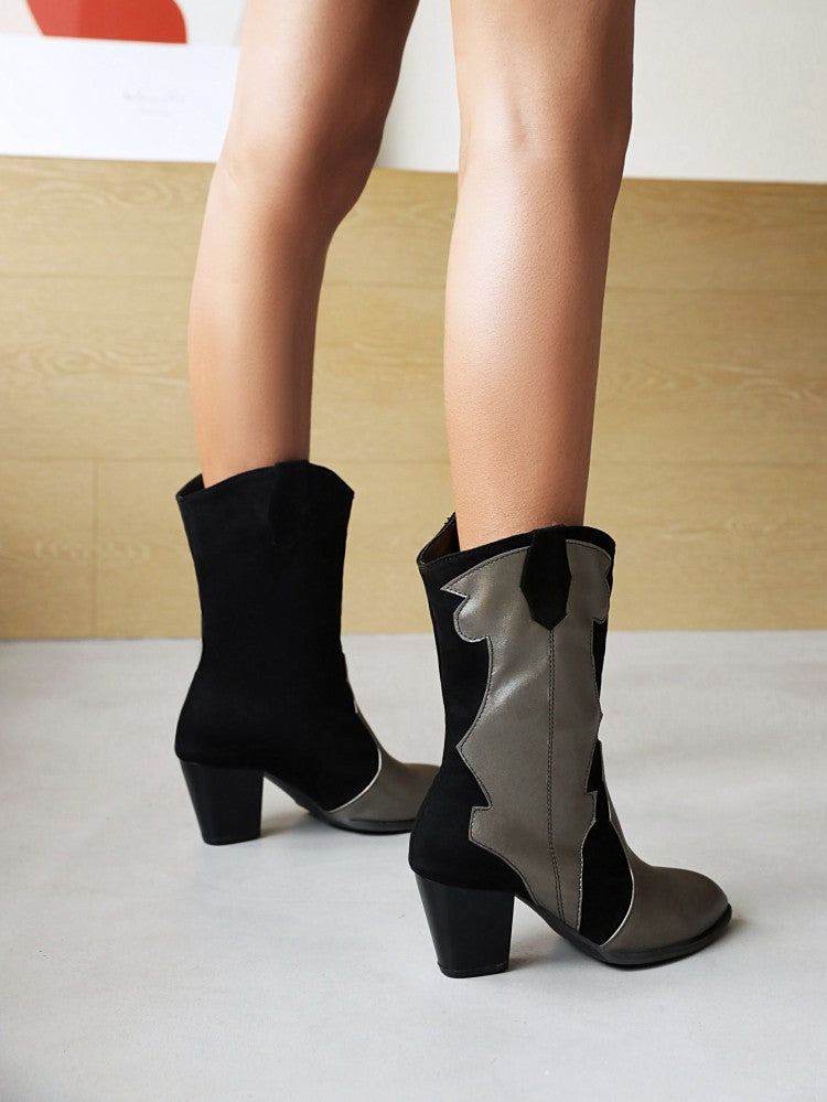Women Bicolor Patent Flock Patchwork Block Chunky Heel Mid Calf Boots