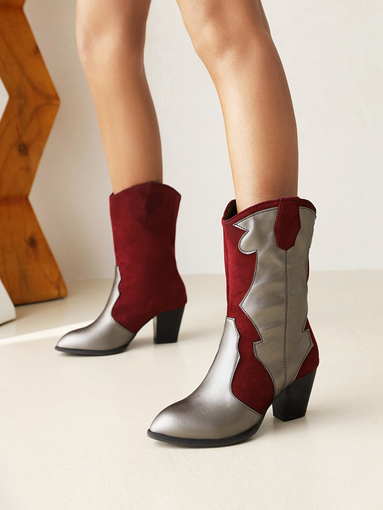 Women Bicolor Patent Flock Patchwork Block Chunky Heel Mid Calf Boots