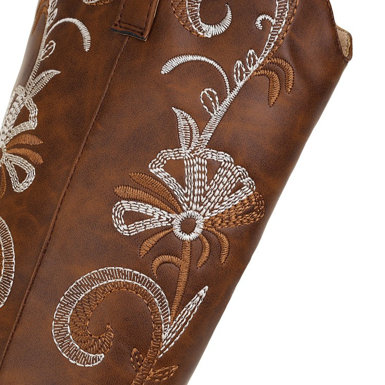 Women Embroidery Block Heel Cowboy Mid Calf Boots