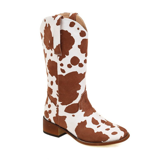 Women Printed Block Heel Cowboy Mid Calf Boots