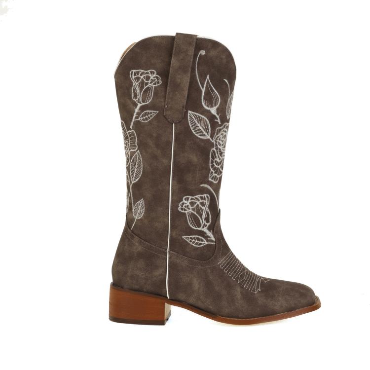 Women Embroidery Pointed Toe Block Heel Cowboy Mid Calf Boots