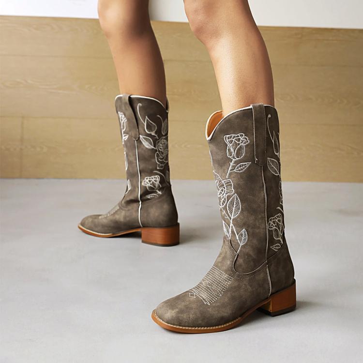 Women Embroidery Pointed Toe Block Heel Cowboy Mid Calf Boots