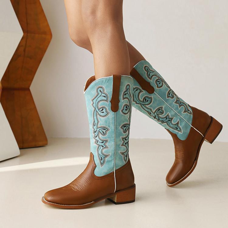 Women Ethnic Pu Leather Embroidery Block Heel Mid Calf Boots
