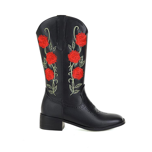 Women Embroidery Roses Block Heel Mid Calf Boots