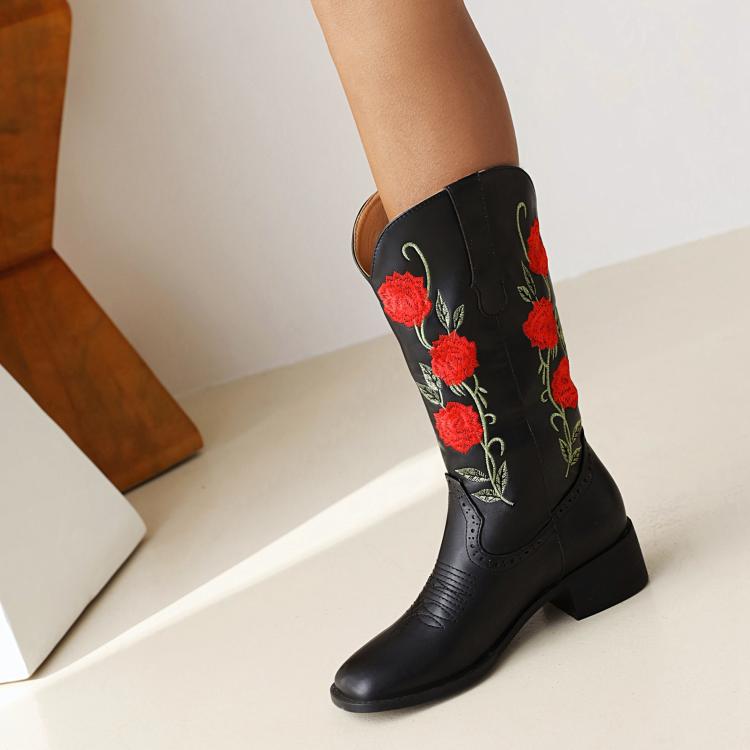 Women Embroidery Roses Block Heel Mid Calf Boots