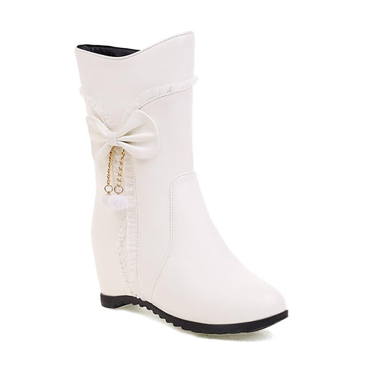 Women Pu Leather Round Toe Side Zippers Bow Tie Pearls Inside Heighten Mid-Calf Boots