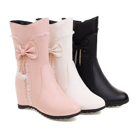 Women Pu Leather Round Toe Side Zippers Bow Tie Pearls Inside Heighten Ankle Boots