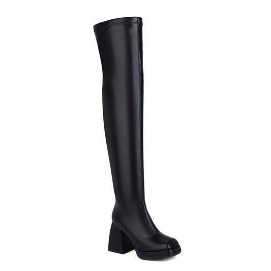 Women Glossy Square Toe Side Zippers Block Chunky Heel Platform Over the Knee Boots
