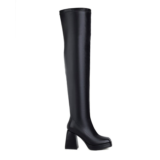 Women Glossy Square Toe Side Zippers Block Chunky Heel Platform Over the Knee Boots