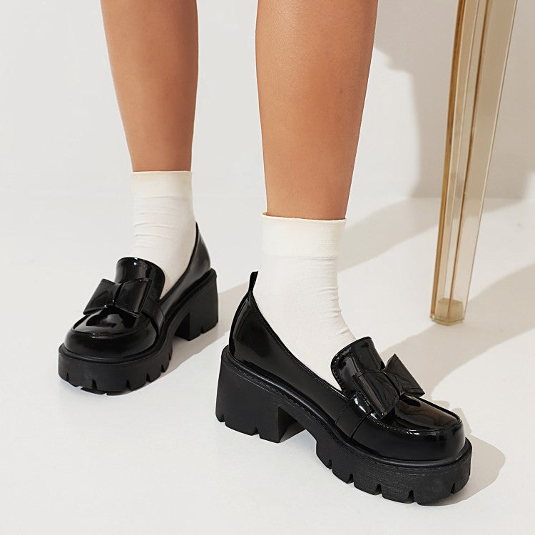 Women Bow Tie Shallow Block Chunky Heel Platform Loafers