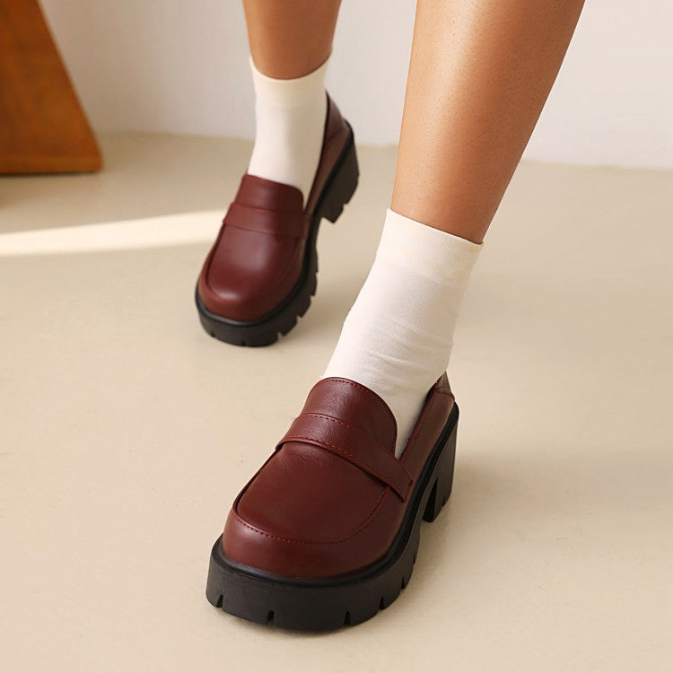 Women Round Toe Shallow Block Chunky Heel Platform Loafers